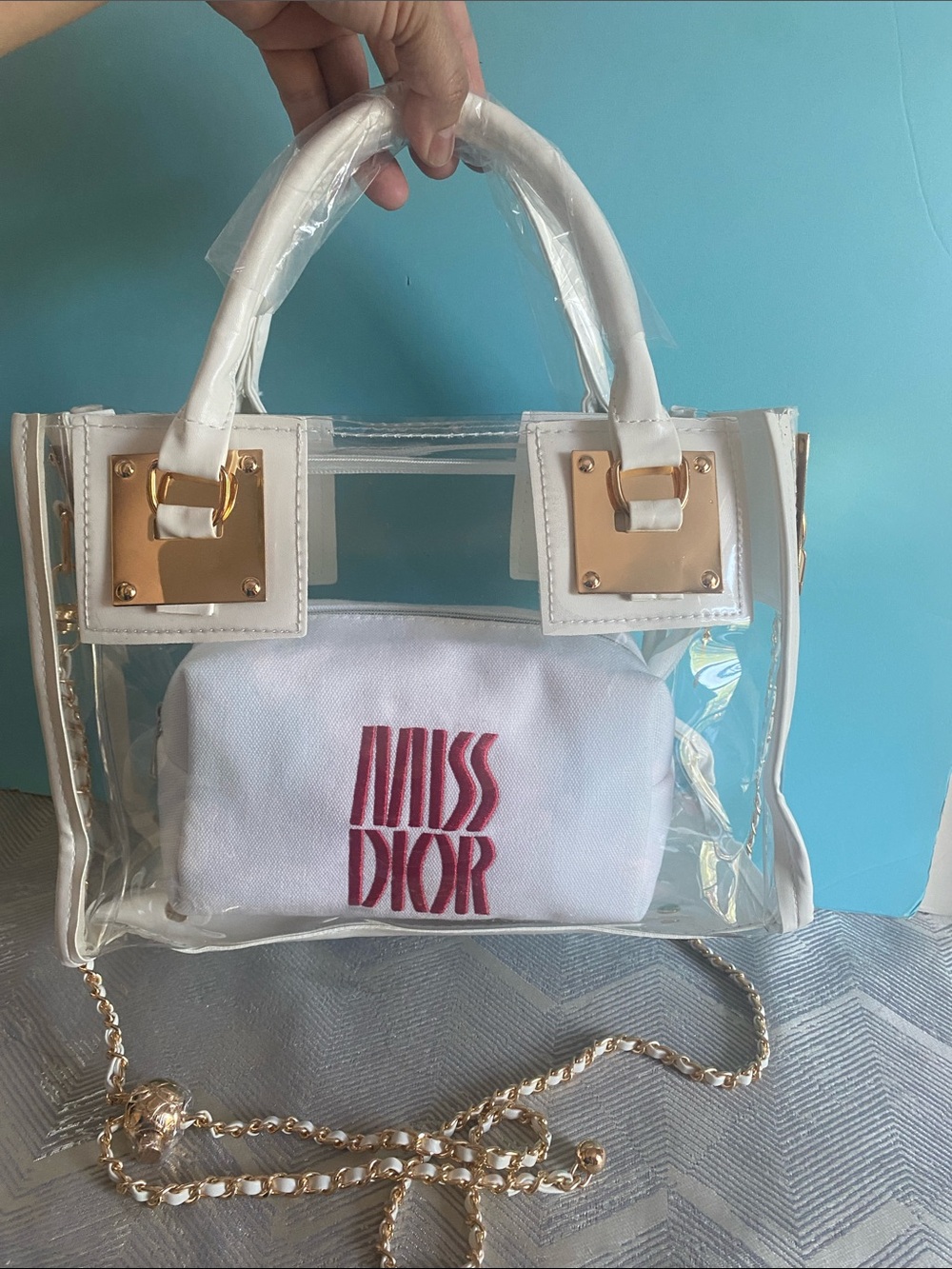 Dior White Canvas Pouch with Red Miss Dior Embroidery
